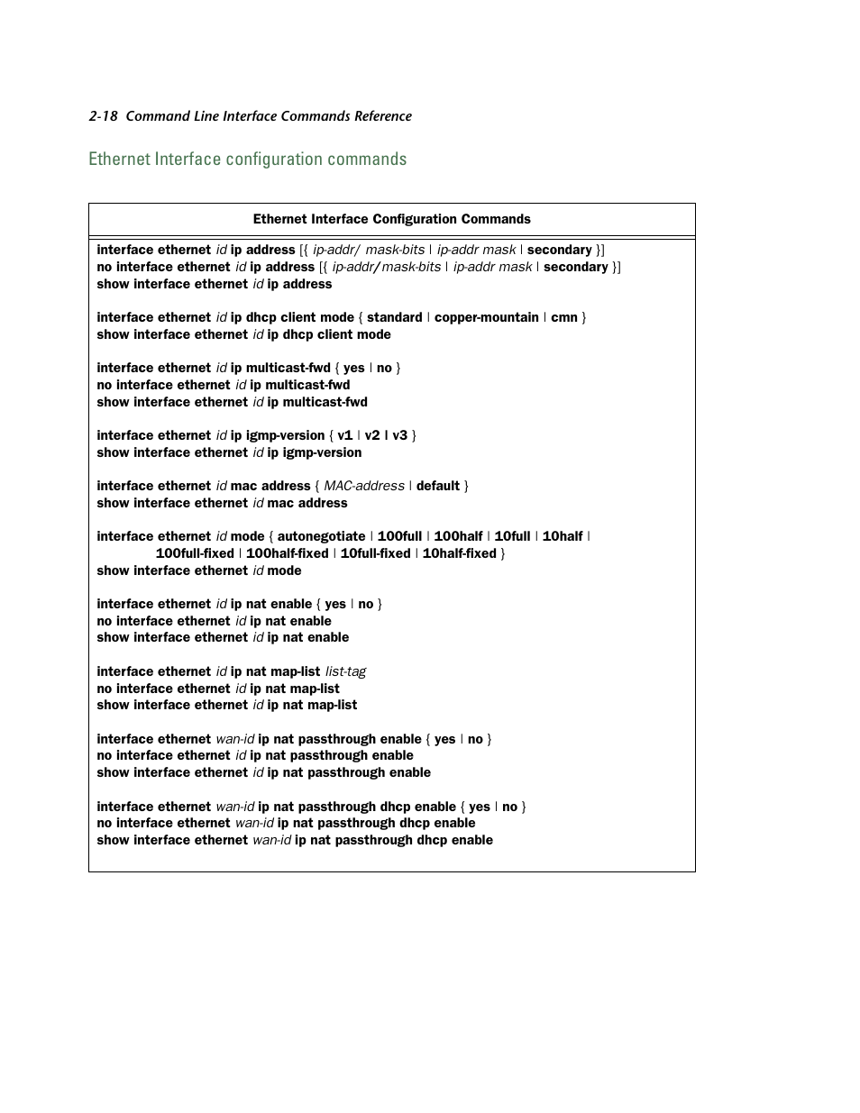 Ethernet interface configuration commands, Ethernet inter face configuration commands -18 | Netopia CLI 874 User Manual | Page 30 / 207
