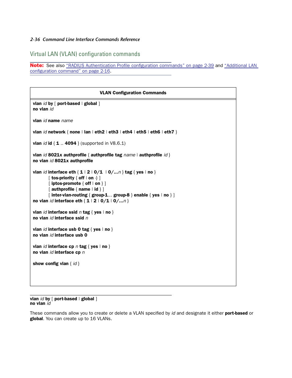 Virtual lan (vlan) configuration commands, Vir tual lan (vlan) configuration commands -36, Vir tual lan (vlan) configuration commands” on | Netopia CLI 874 User Manual | Page 48 / 207