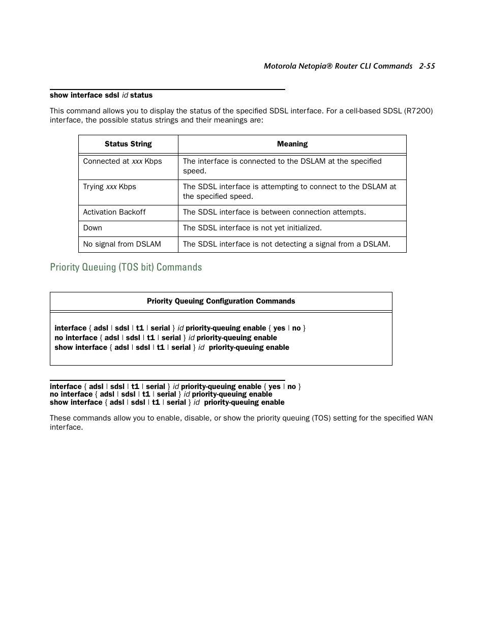 Priority queuing (tos bit) commands, Priority queuing (tos bit) commands -55 | Netopia CLI 874 User Manual | Page 67 / 207