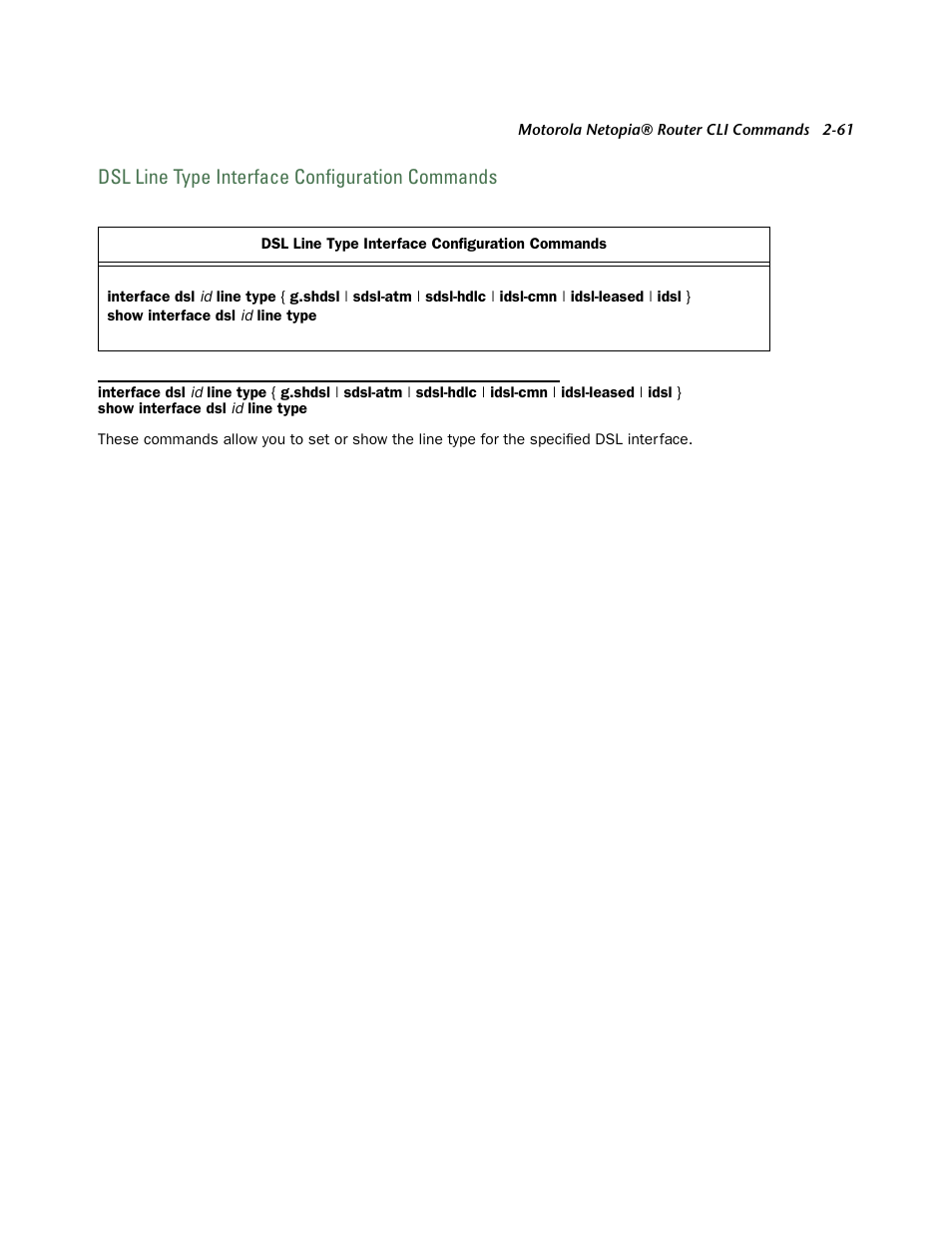 Dsl line type interface configuration commands | Netopia CLI 874 User Manual | Page 73 / 207