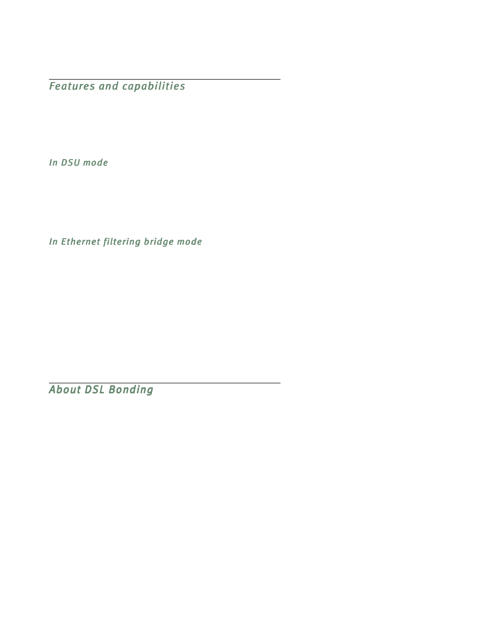 Features and capabilities, In dsu mode, In ethernet filtering bridge mode | About dsl bonding | Netopia D3232 IDSL User Manual | Page 12 / 138