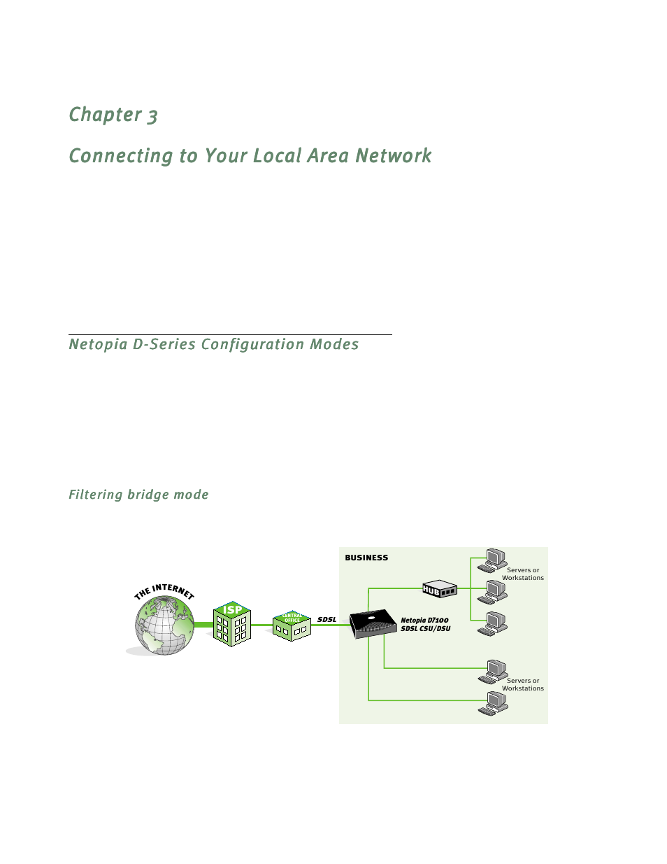 Connecting to your local area network, Netopia d-series configuration modes, Filtering bridge mode | Netopia D3232 IDSL User Manual | Page 21 / 138