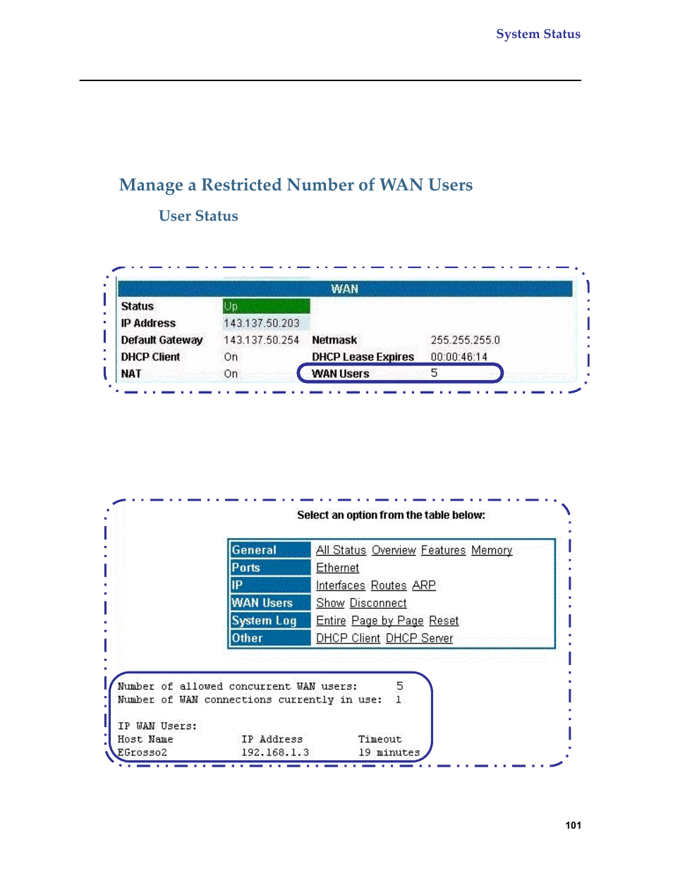 System status, Manage a restricted number of wan users, User status | Netopia 6.3 User Manual | Page 101 / 161