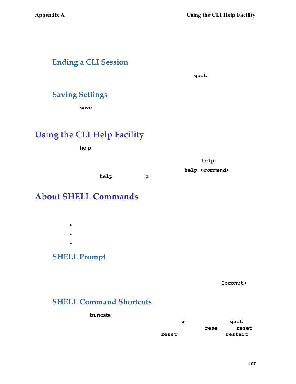 Ending a cli session, Saving settings, Using the cli help facility | About shell commands, Shell prompt, Shell command shortcuts, Ending a cli session saving settings, Using the cli help facility about shell commands, Shell prompt shell command shortcuts | Netopia 6.3 User Manual | Page 107 / 161