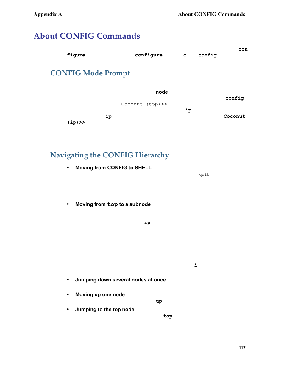 About config commands, Config mode prompt, Navigating the config hierarchy | Config mode prompt navigating the config hierarchy | Netopia 6.3 User Manual | Page 117 / 161