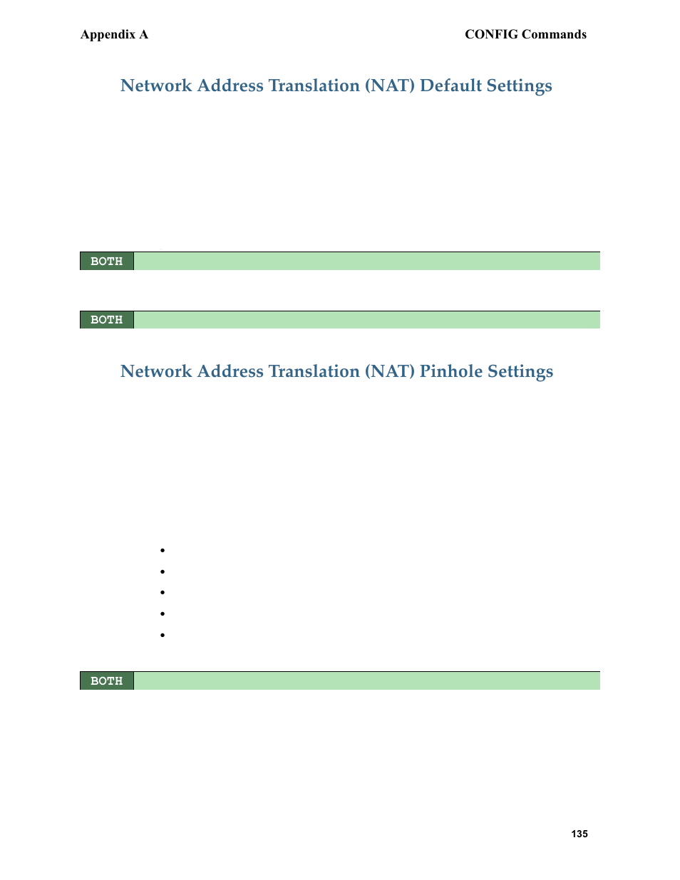 Network address translation (nat) default settings, Network address translation (nat) pinhole settings | Netopia 6.3 User Manual | Page 135 / 161