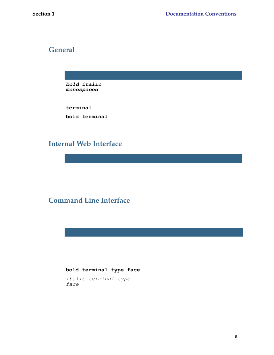 Documentation conventions, General, Internal web interface | Command line interface, Internal web interface command line interface | Netopia 6.3 User Manual | Page 8 / 161