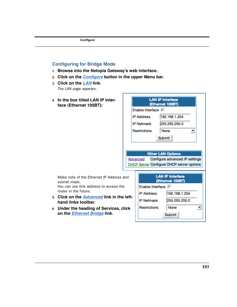 Configuring for bridge mode | Netopia 2200 User Manual | Page 103 / 351