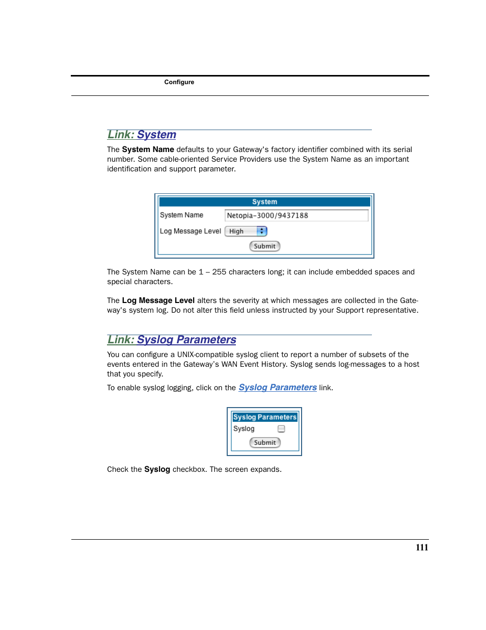 Link: system, Link: syslog parameters, System syslog parameters | Netopia 2200 User Manual | Page 111 / 351