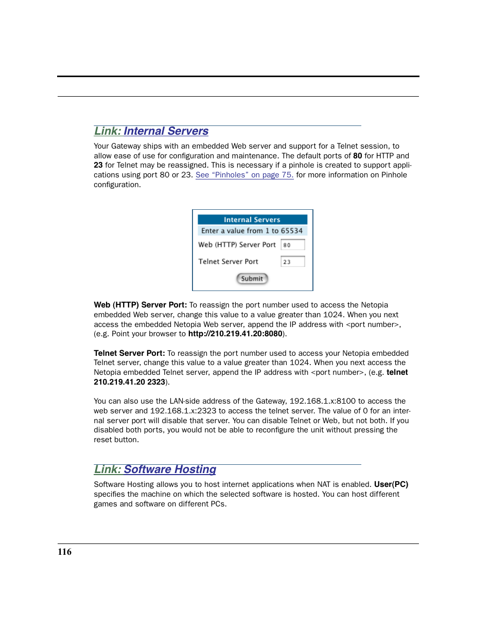 Link: internal servers, Link: software hosting, Internal servers software hosting | Netopia 2200 User Manual | Page 116 / 351