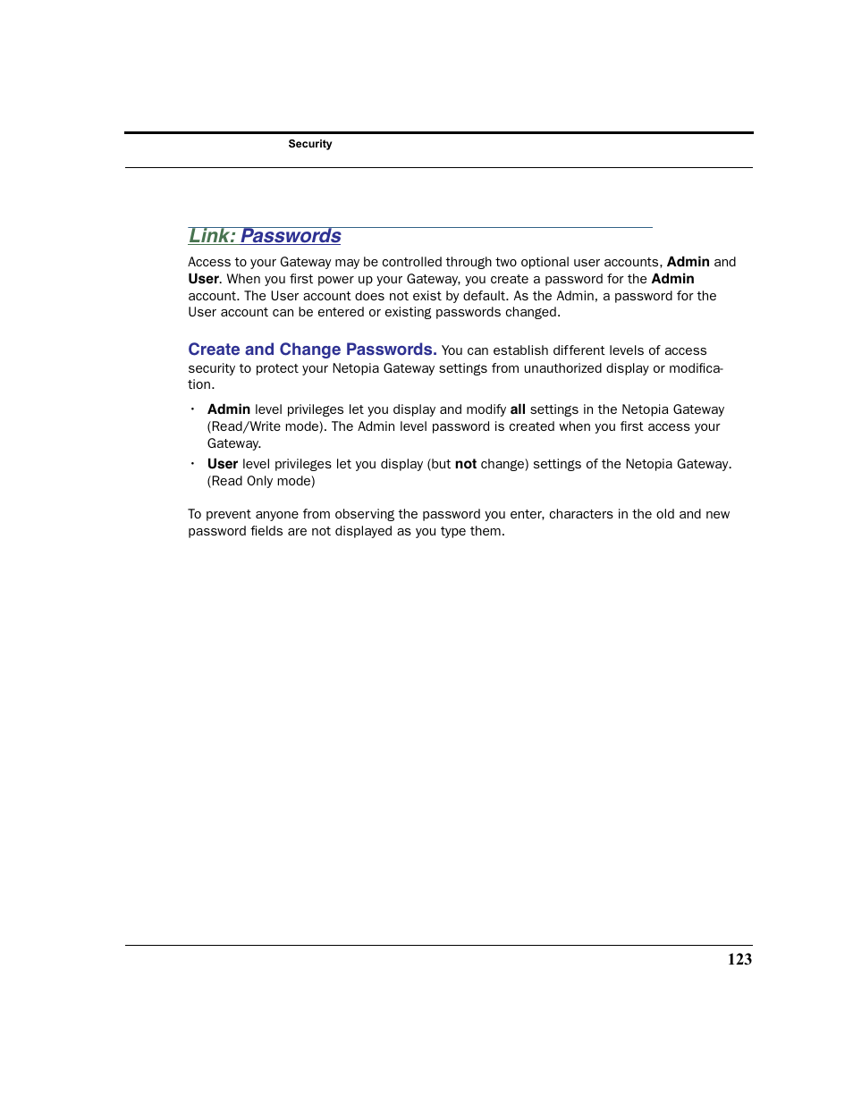 Link: passwords, Passwords, Create and change passwords | Netopia 2200 User Manual | Page 123 / 351
