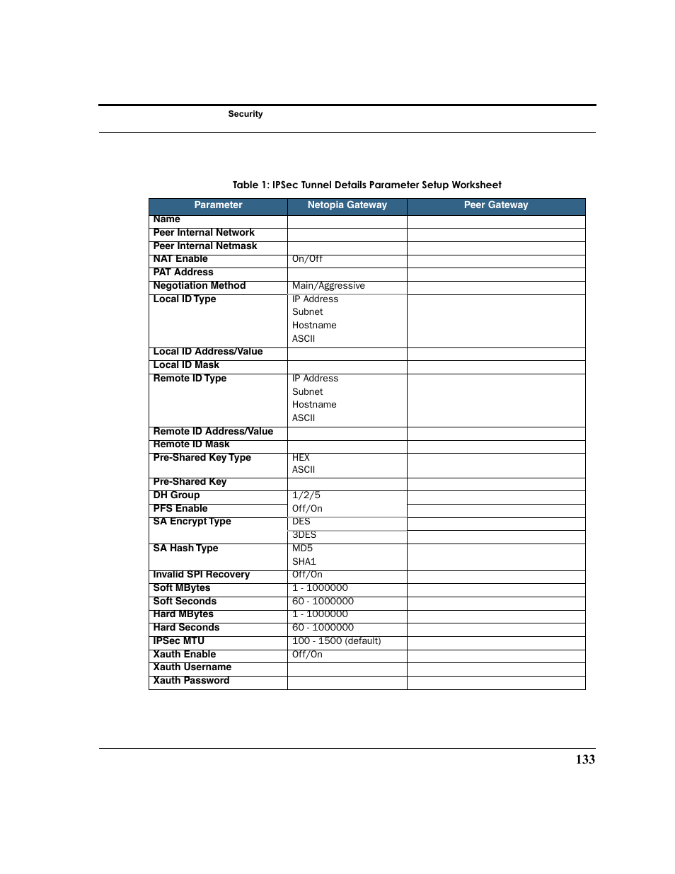 Ipsec tunnel details parame, Orksheet, Facilitates setup and | Netopia 2200 User Manual | Page 133 / 351