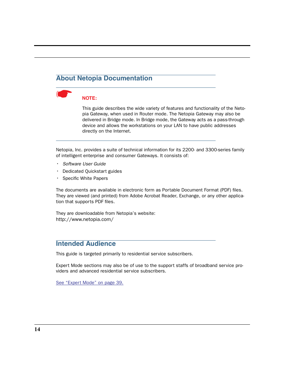 About netopia documentation, Intended audience | Netopia 2200 User Manual | Page 14 / 351