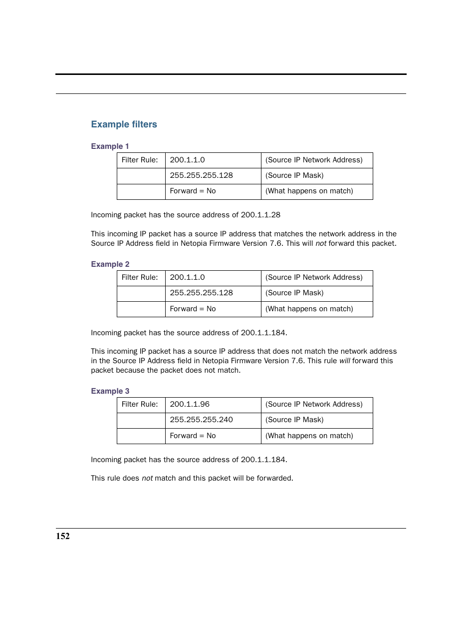 Example filters, Example 1 example 2 example 3 | Netopia 2200 User Manual | Page 152 / 351