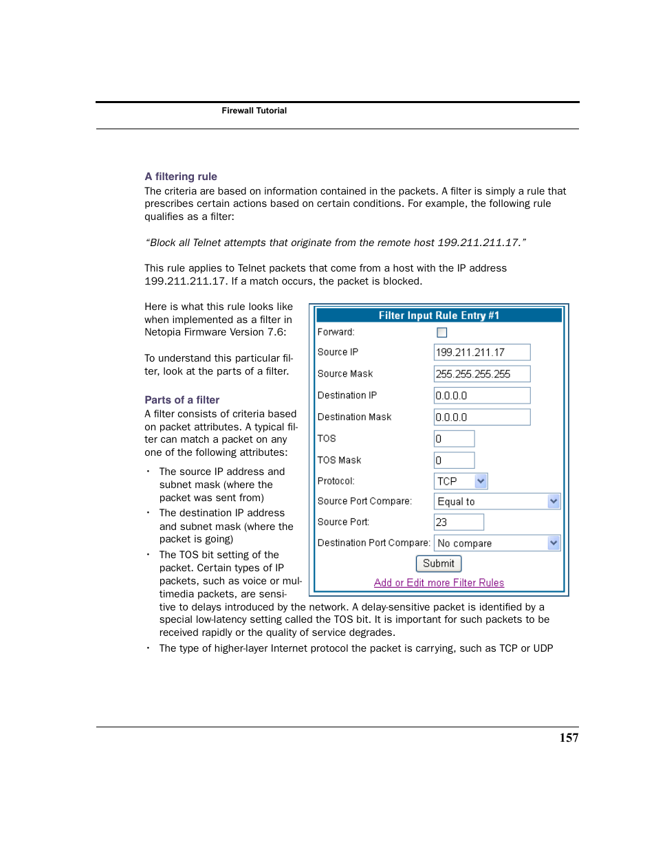 A filtering rule parts of a filter | Netopia 2200 User Manual | Page 157 / 351