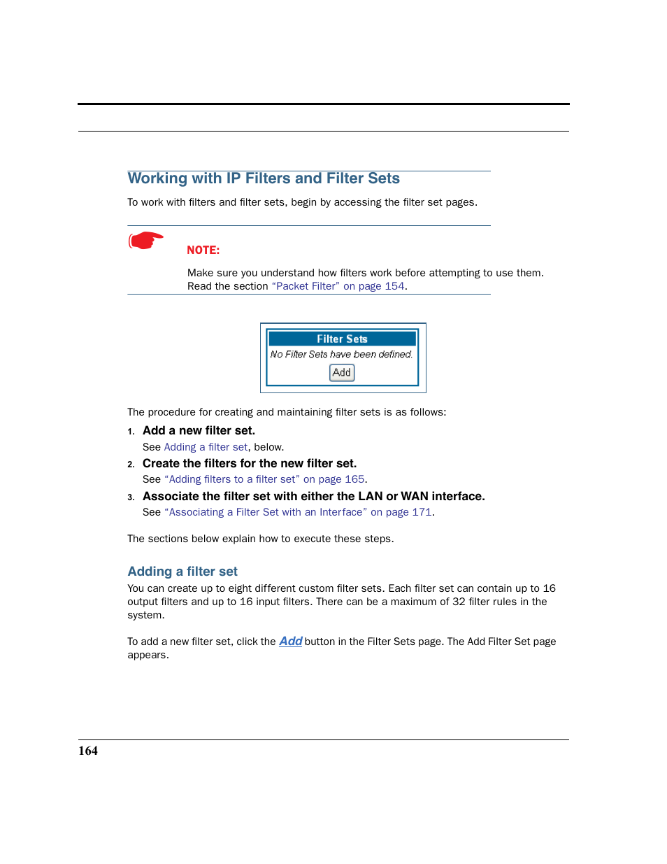 Working with ip filters and filter sets, Adding a filter set | Netopia 2200 User Manual | Page 164 / 351