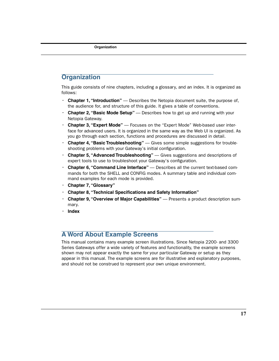 Organization, A word about example screens | Netopia 2200 User Manual | Page 17 / 351