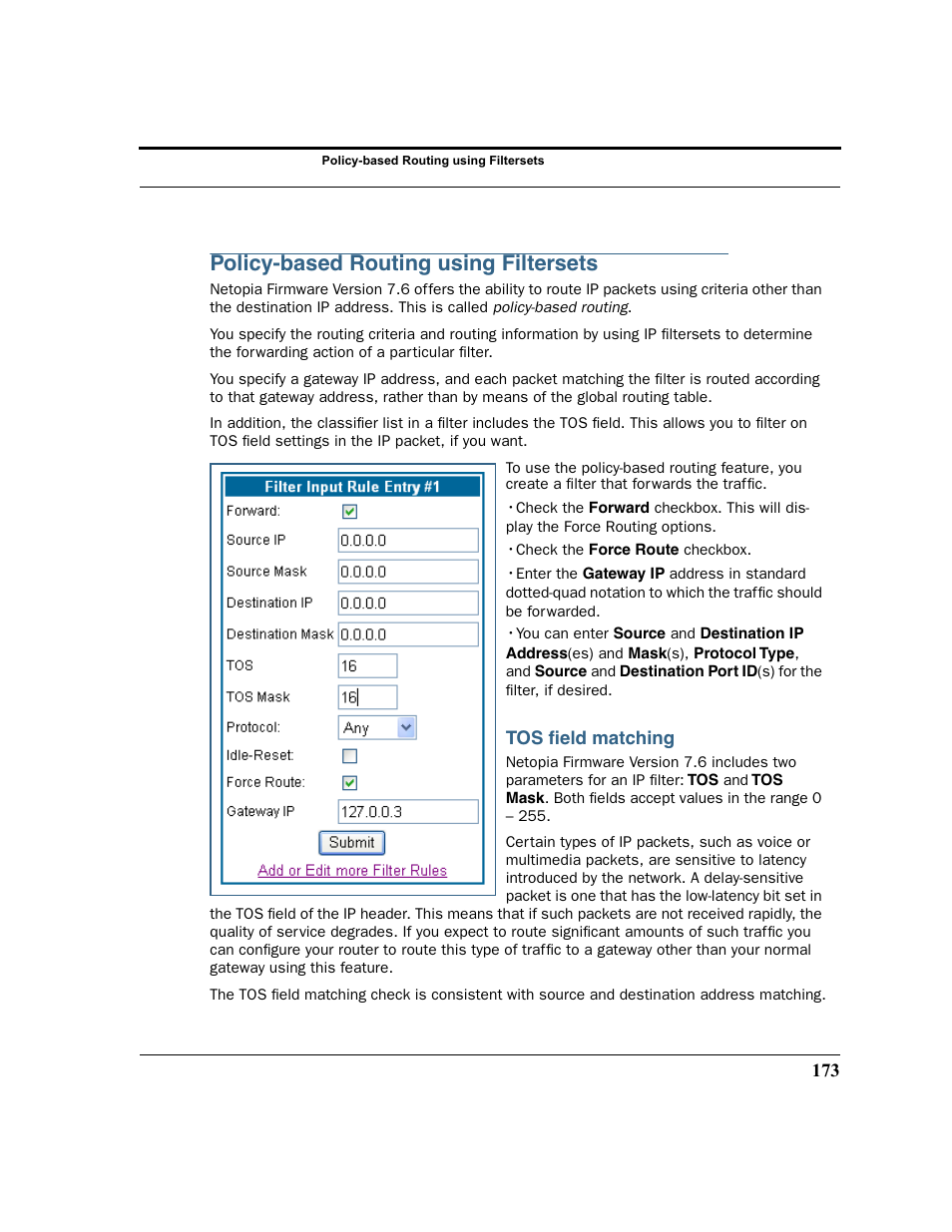 Policy-based routing using filtersets, Tos field matching | Netopia 2200 User Manual | Page 173 / 351