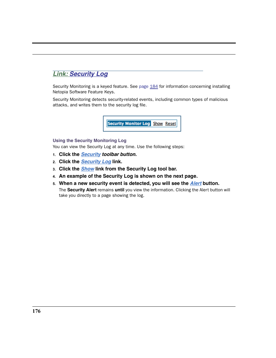 Link: security log, Security log, Using the security monitoring log | Netopia 2200 User Manual | Page 176 / 351
