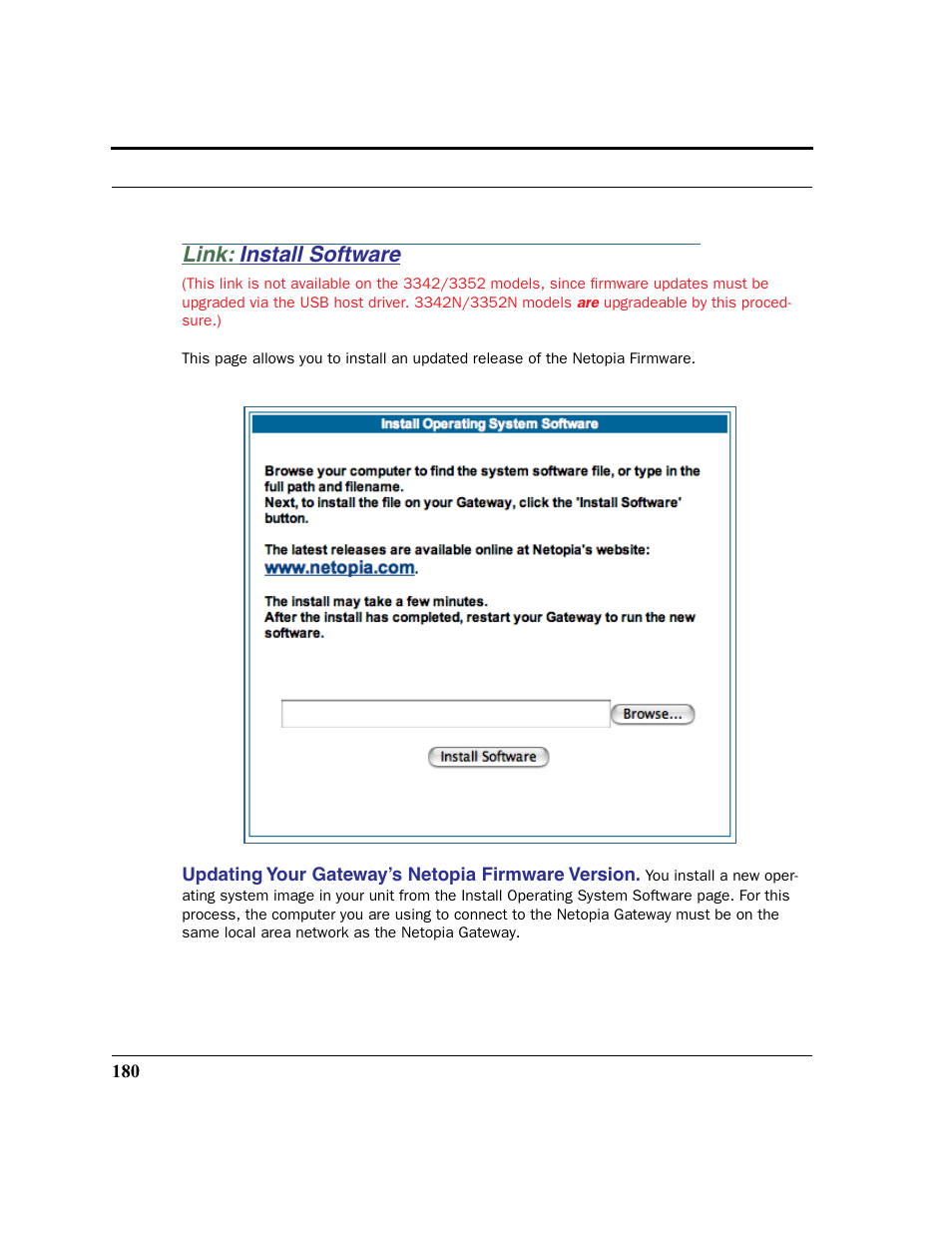 Link: install software, Install software, Updating your gateway’s netopia firmware version | Netopia 2200 User Manual | Page 180 / 351