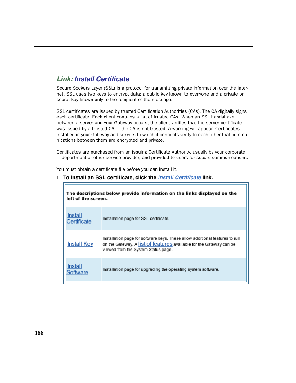 Link: install certificate, Install certificate, Install cer tificate | Link: install certiﬁcate | Netopia 2200 User Manual | Page 188 / 351