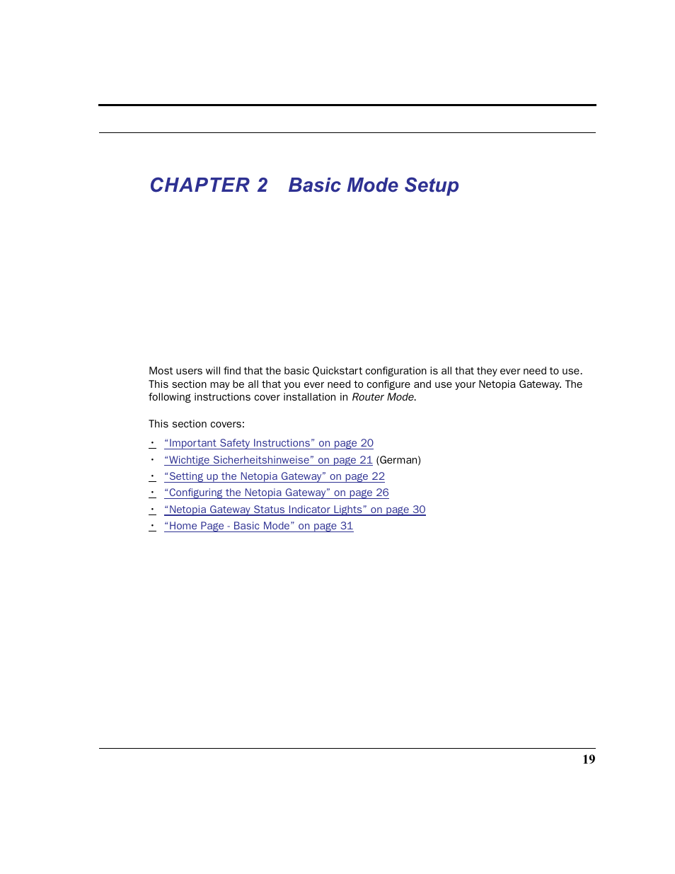 Chapter 2 basic mode setup, Chapter 2, Basic mode setup | Netopia 2200 User Manual | Page 19 / 351