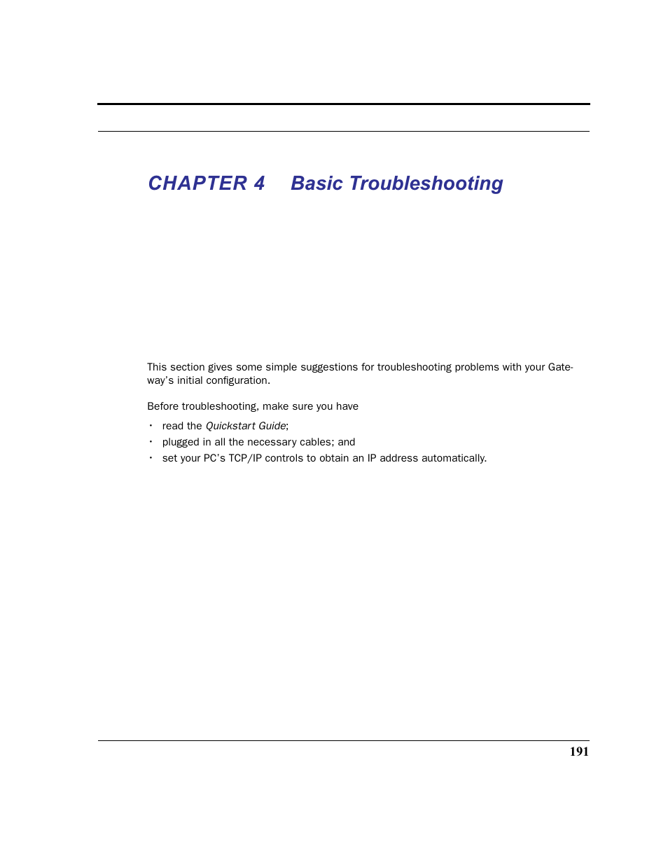 Chapter 4 basic troubleshooting, Chapter 4, Basic troubleshooting | Efer to the chapters | Netopia 2200 User Manual | Page 191 / 351