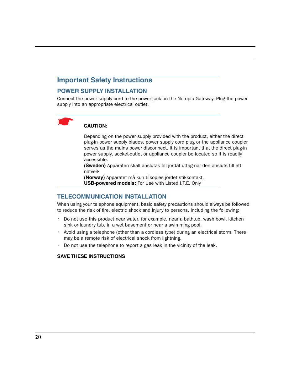 Important safety instructions, Power supply installation, Telecommunication installation | Netopia 2200 User Manual | Page 20 / 351