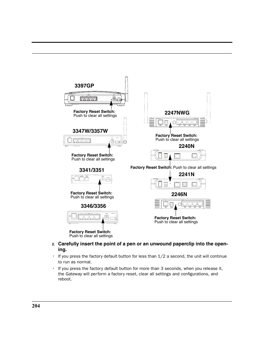 3397gp, Factory reset switch, Push to clear all settings | Netopia 2200 User Manual | Page 204 / 351