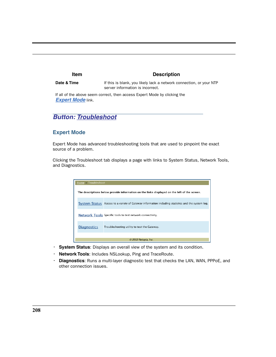 Button: troubleshoot, Expert mode, Troubleshoot | Netopia 2200 User Manual | Page 208 / 351