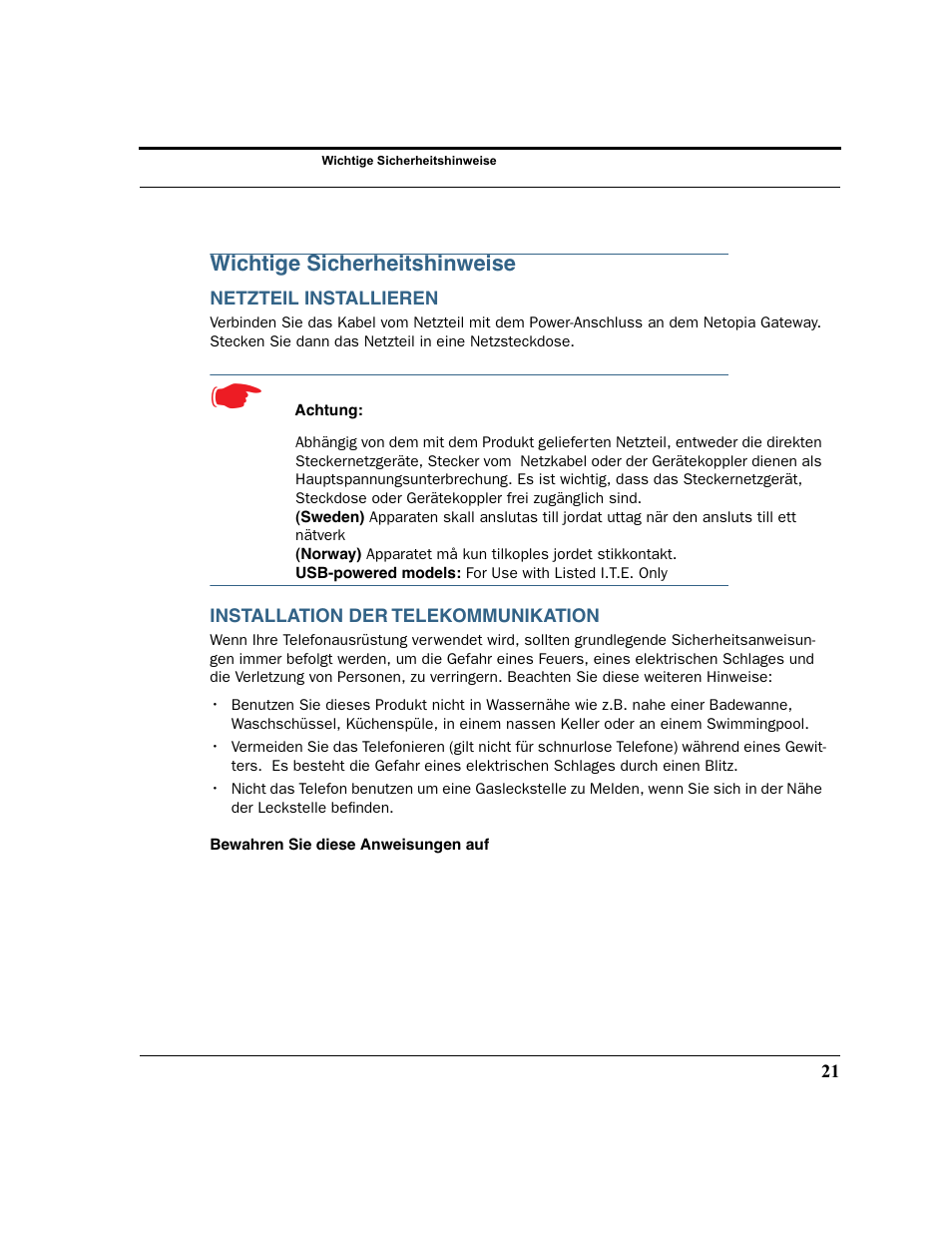 Wichtige sicherheitshinweise, Netzteil installieren, Installation der telekommunikation | Netopia 2200 User Manual | Page 21 / 351