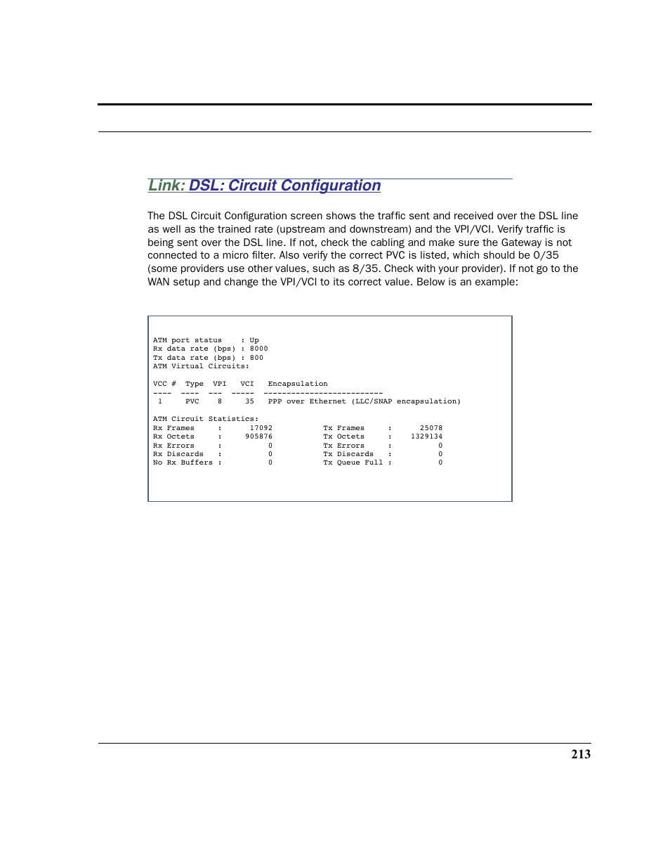 Link: dsl: circuit configuration, Dsl: circuit configuration, Link: dsl: circuit conﬁguration | Netopia 2200 User Manual | Page 213 / 351