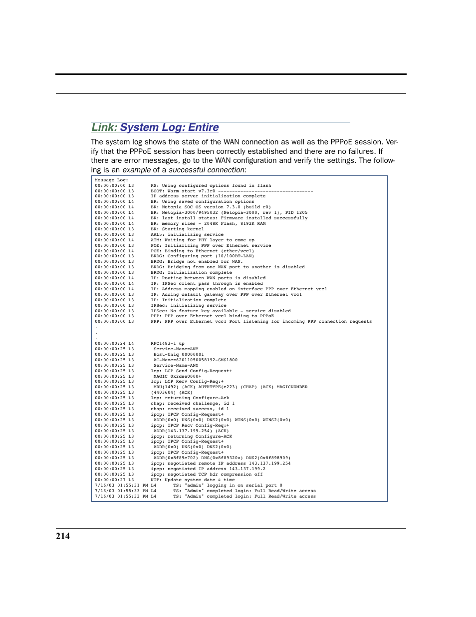 Link: system log: entire, System log: entire | Netopia 2200 User Manual | Page 214 / 351