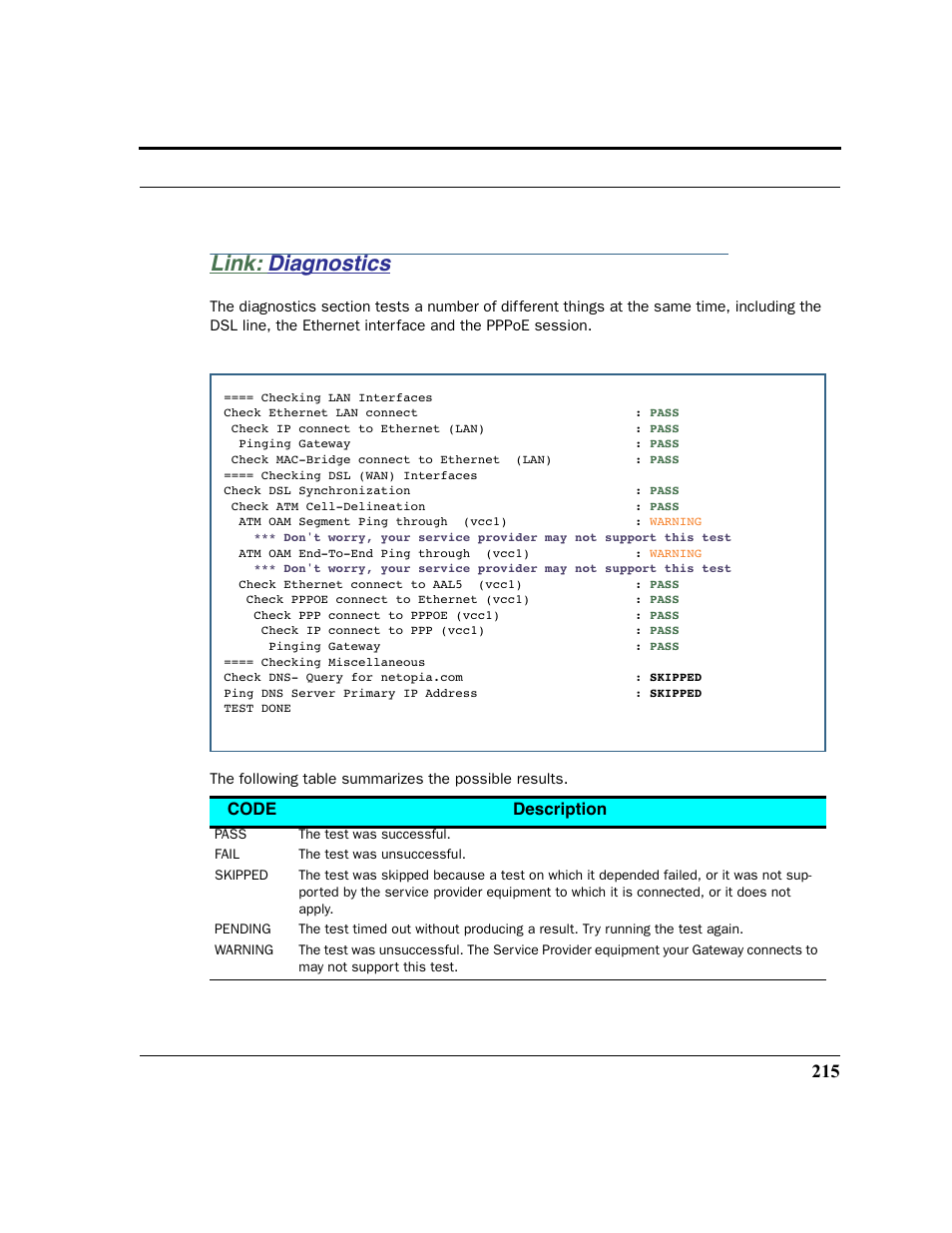 Link: diagnostics, Diagnostics, Code description | Netopia 2200 User Manual | Page 215 / 351