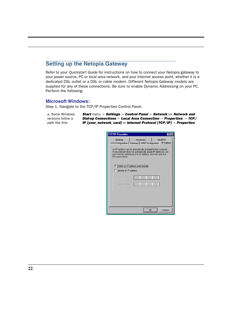 Setting up the netopia gateway, Microsoft windows | Netopia 2200 User Manual | Page 22 / 351