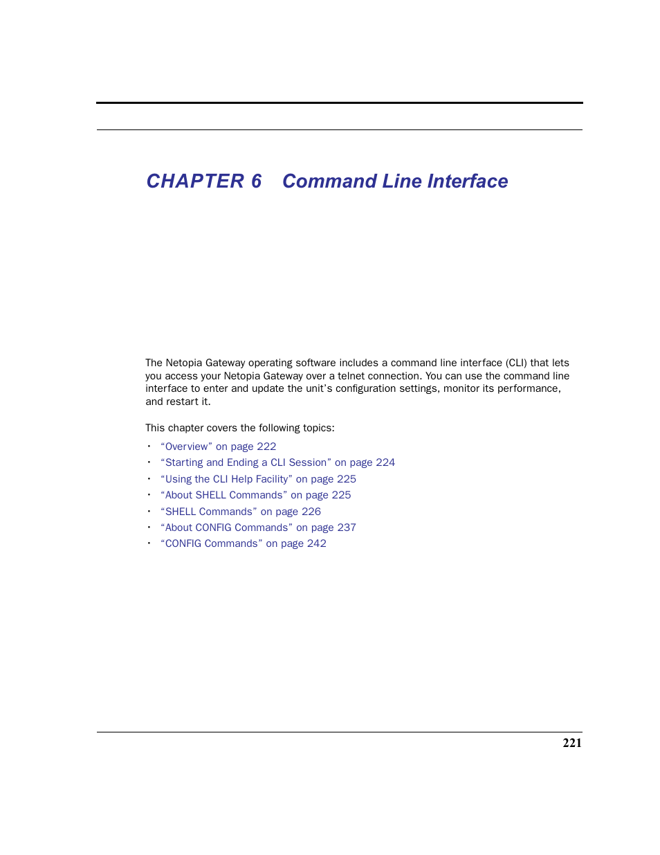 Chapter 6 command line interface, Chapter 6, Command line interface | Netopia 2200 User Manual | Page 221 / 351