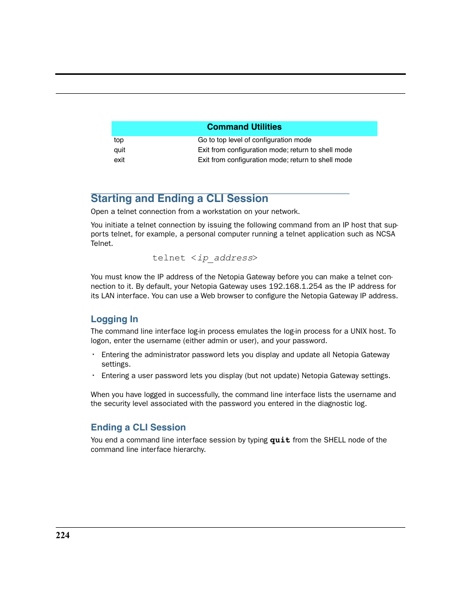 Starting and ending a cli session, Logging in, Ending a cli session | Netopia 2200 User Manual | Page 224 / 351