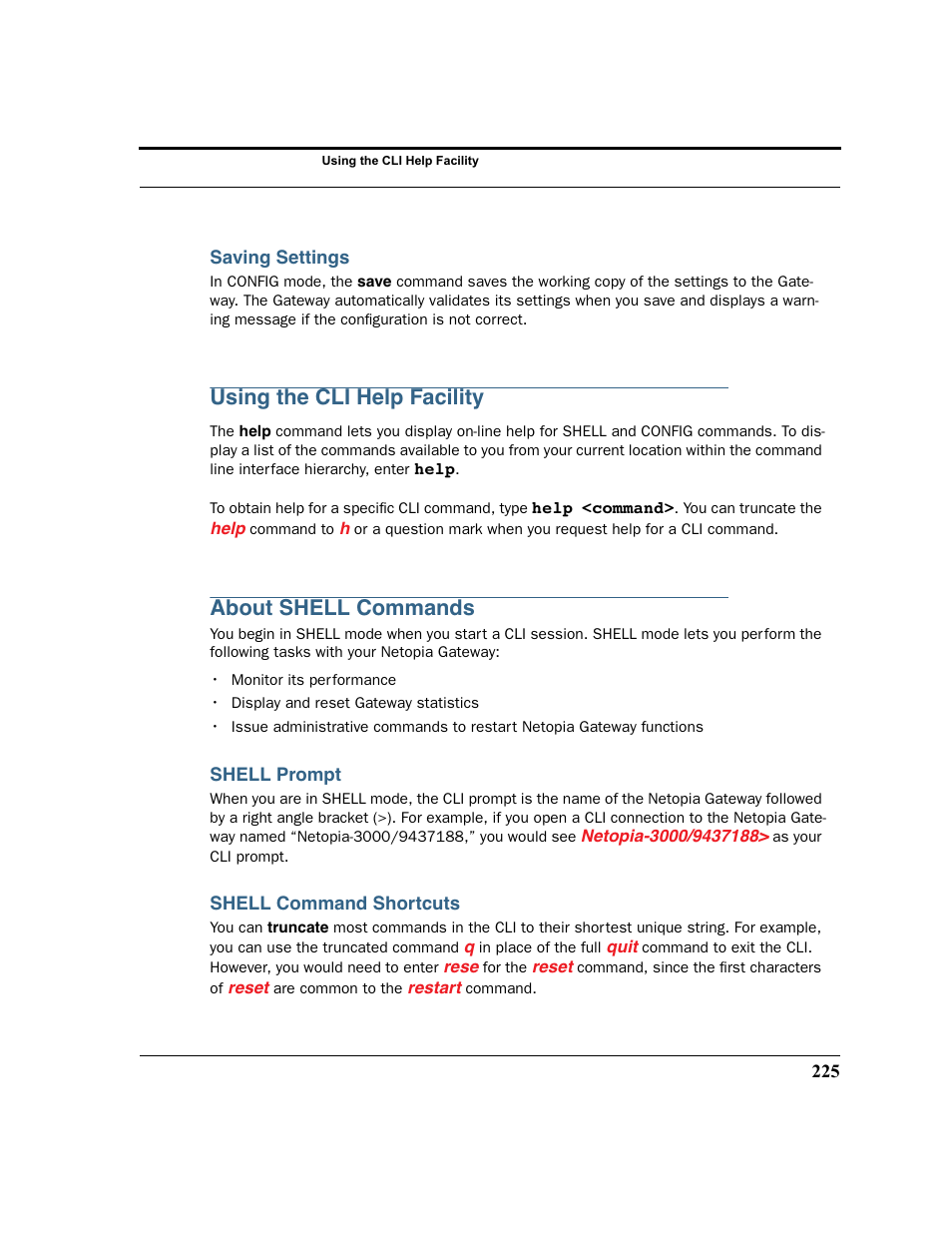 Saving settings, Using the cli help facility, About shell commands | Shell prompt, Shell command shortcuts | Netopia 2200 User Manual | Page 225 / 351