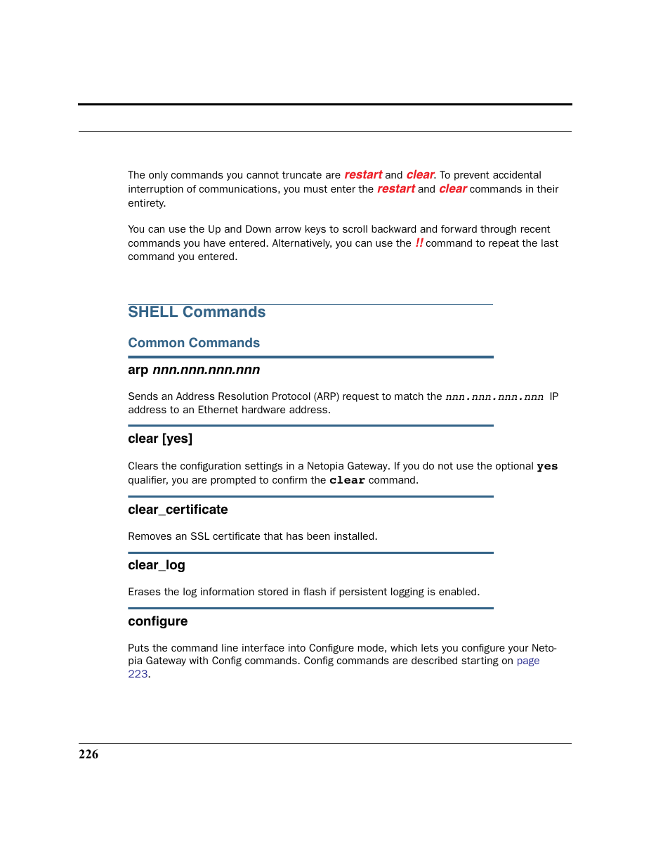 Shell commands, Common commands | Netopia 2200 User Manual | Page 226 / 351