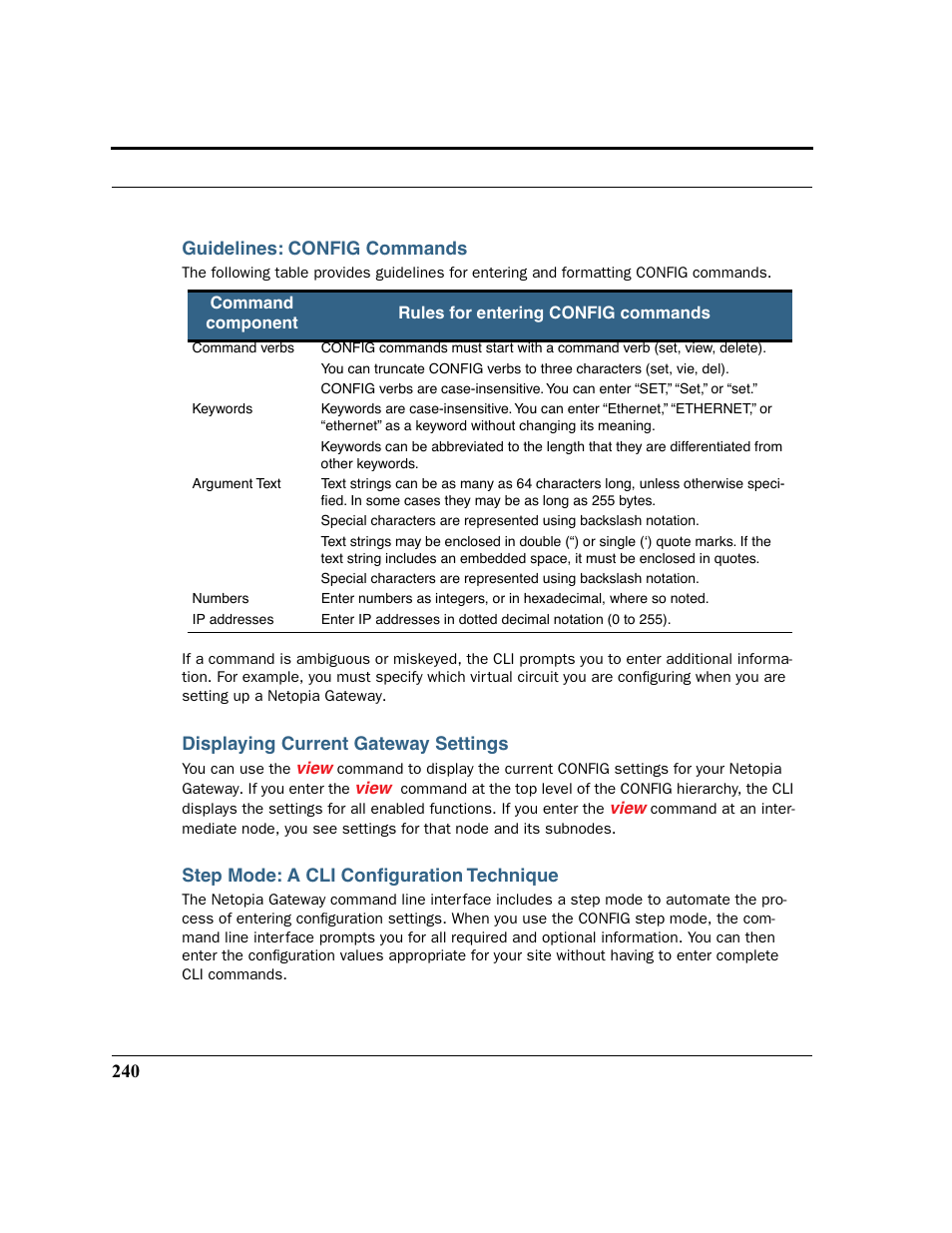 Guidelines: config commands, Displaying current gateway settings, Step mode: a cli configuration technique | Netopia 2200 User Manual | Page 240 / 351