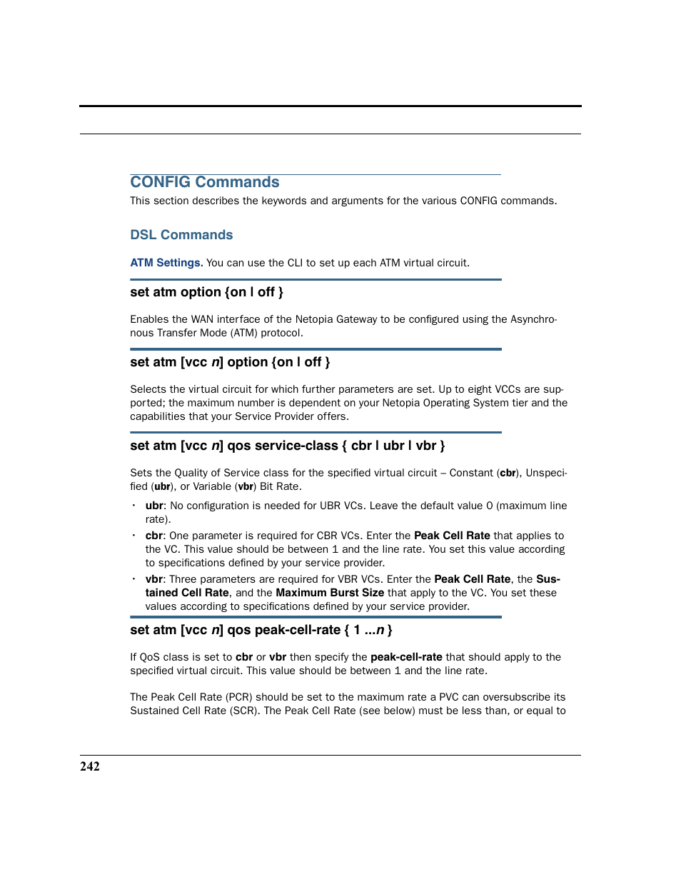 Config commands, Dsl commands, Atm settings | Netopia 2200 User Manual | Page 242 / 351