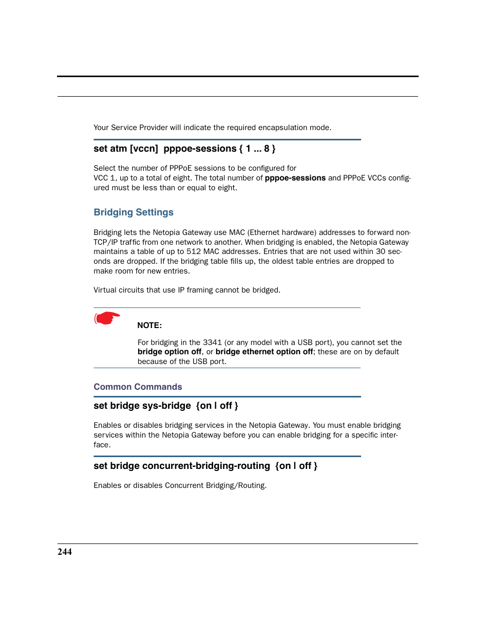 Bridging settings, Common commands | Netopia 2200 User Manual | Page 244 / 351