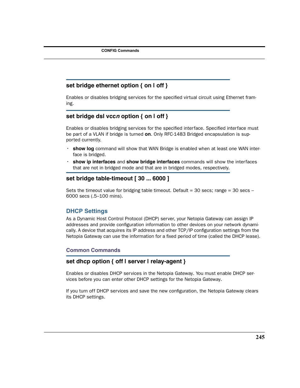Dhcp settings, Common commands | Netopia 2200 User Manual | Page 245 / 351