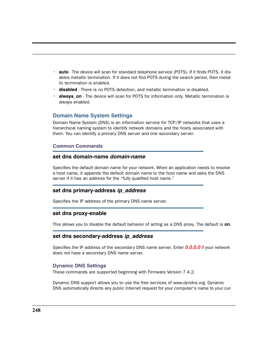 Domain name system settings, Common commands dynamic dns settings | Netopia 2200 User Manual | Page 248 / 351