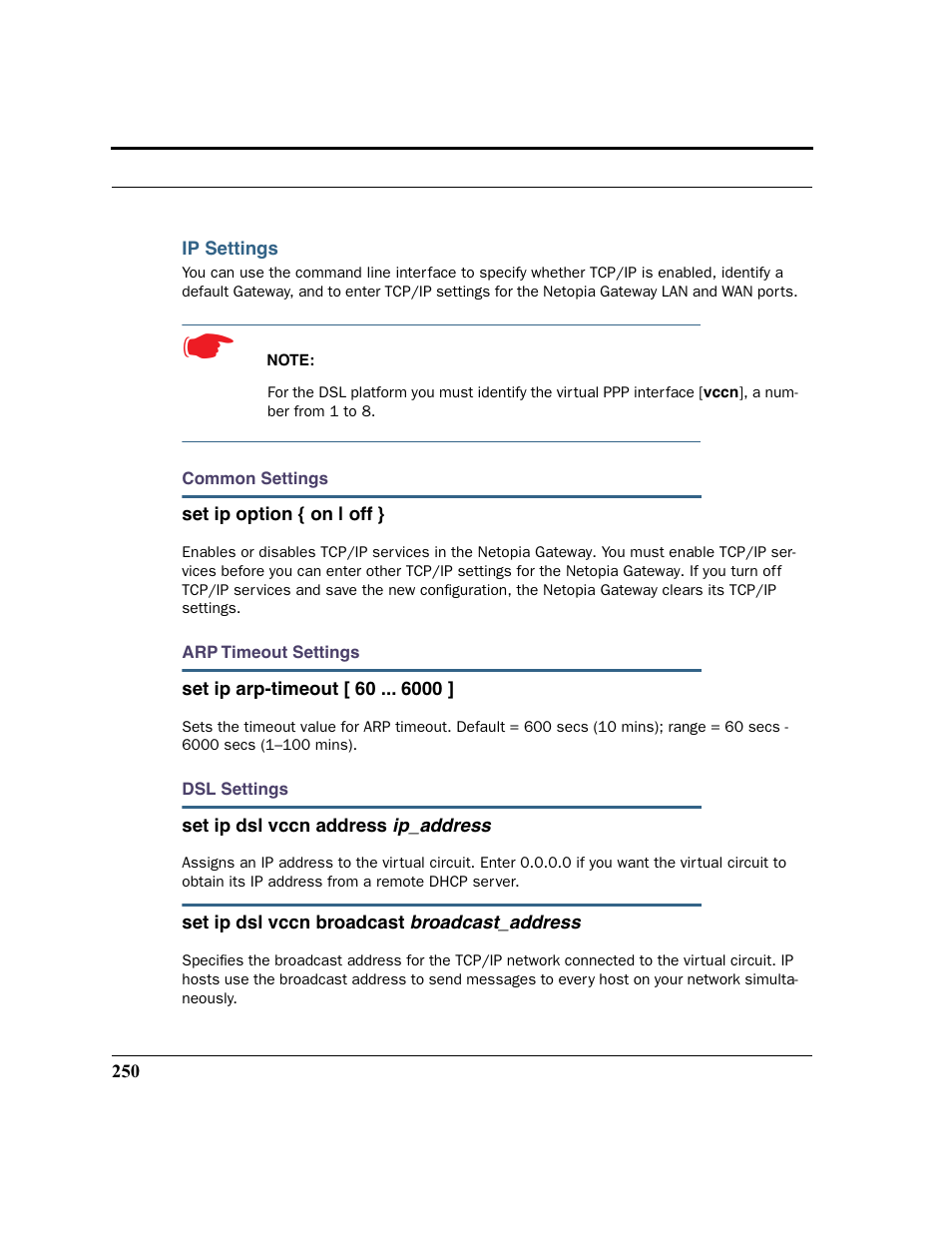 Ip settings, Common settings arp timeout settings dsl settings | Netopia 2200 User Manual | Page 250 / 351