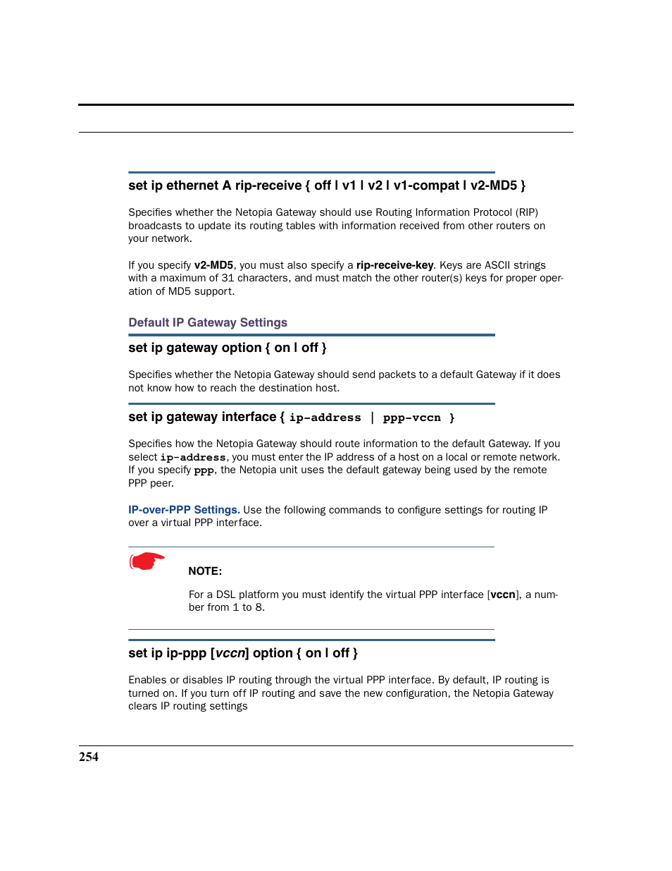Default ip gateway settings ip-over-ppp settings | Netopia 2200 User Manual | Page 254 / 351