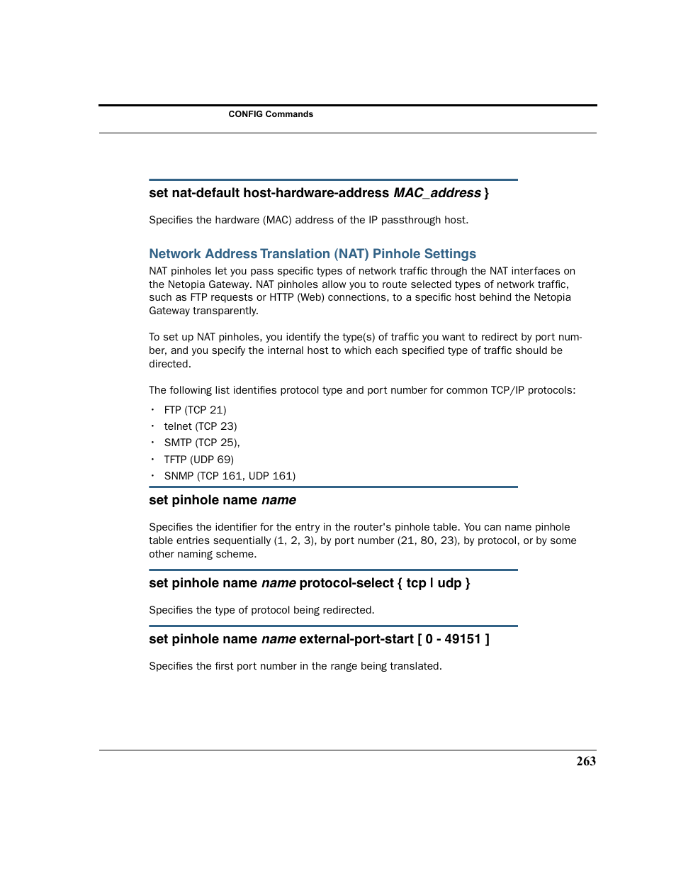 Network address translation (nat) pinhole settings | Netopia 2200 User Manual | Page 263 / 351