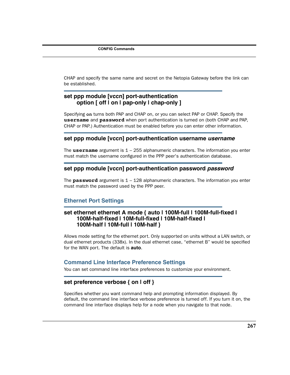 Ethernet port settings, Command line interface preference settings | Netopia 2200 User Manual | Page 267 / 351