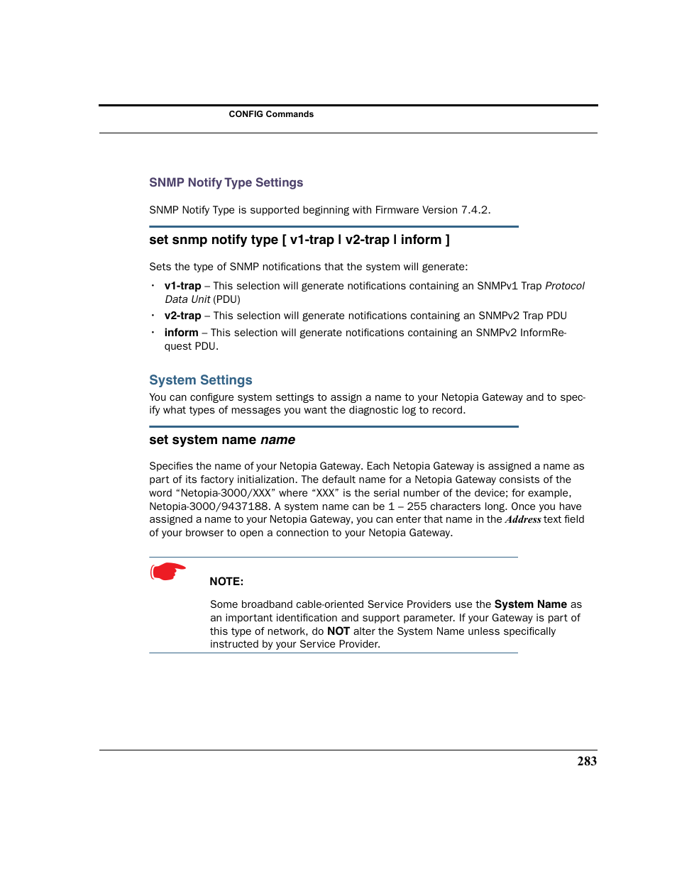 System settings, Snmp notify type settings | Netopia 2200 User Manual | Page 283 / 351