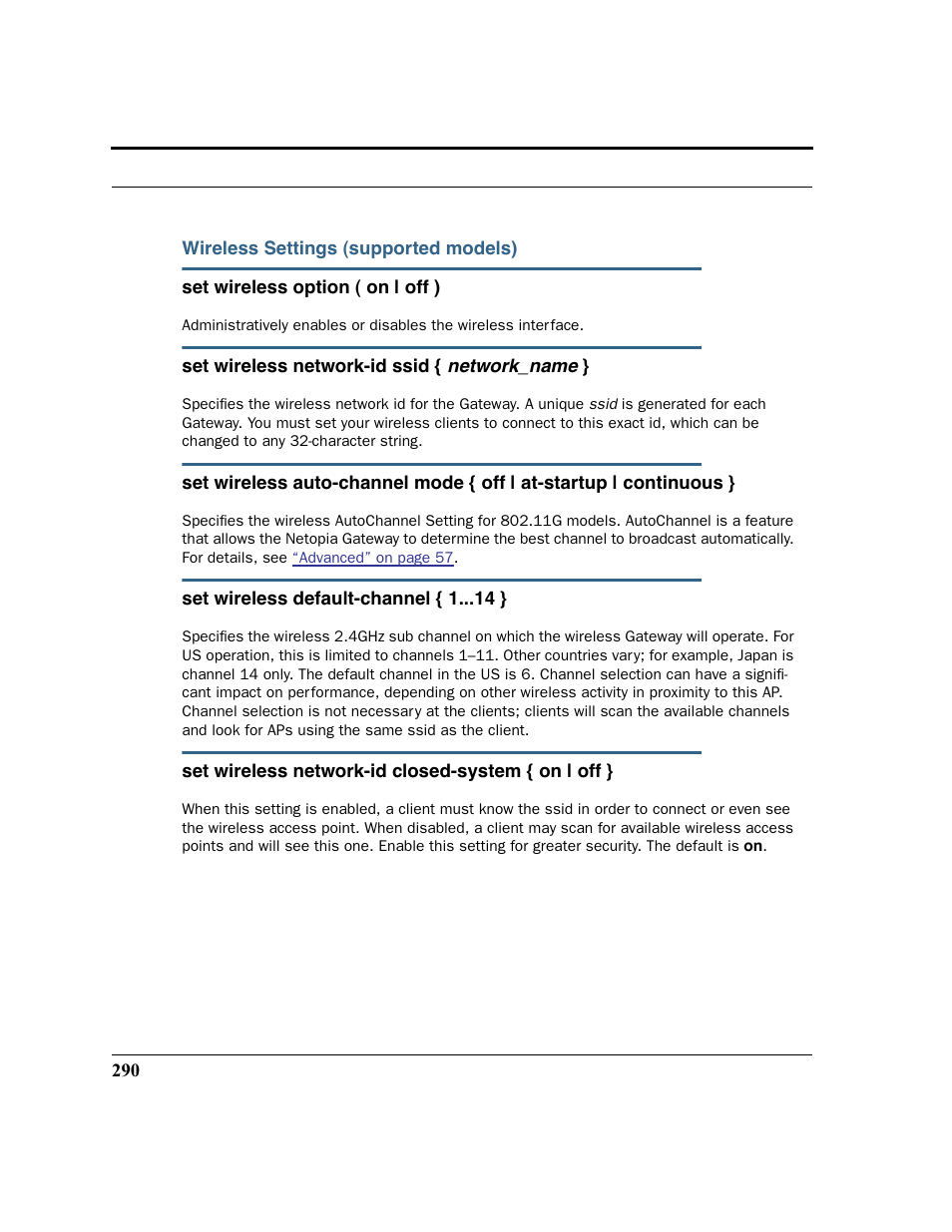 Wireless settings (supported models) | Netopia 2200 User Manual | Page 290 / 351